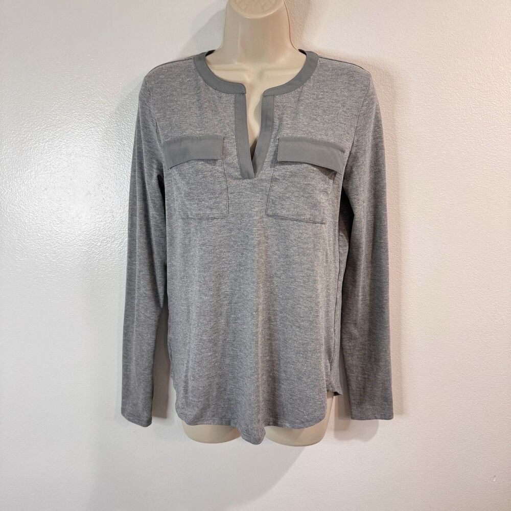 Ann Taylor LOFT Shirt S Long Sleeve Heather Gray Pockets Chiffon Comfy Stretch